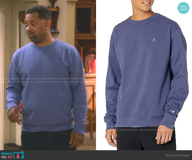 Champion Powerblend Fleece Crew in Classic Sky Blue C Logo worn by Bernard Upshaw (Mike Epps) on The Upshaws