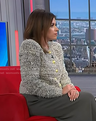 Chloe Melas’s gray tweed cardigan on NBC News Daily