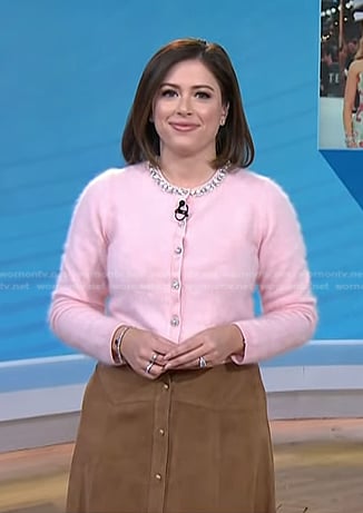 Chloe’s pink embellished cardigan and suede skirt on Today