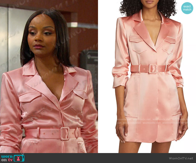 Cinq a Sept Laith Satin Blazer Minidress in Coral Pink worn by Chanel Dupree (Raven Bowens) on Days of our Lives