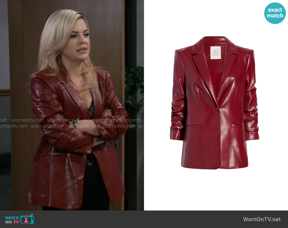 Cinq a Sept Kylie Faux Leather Blazer in Rhubarb worn by Maxie Jones (Kirsten Storms) on General Hospital