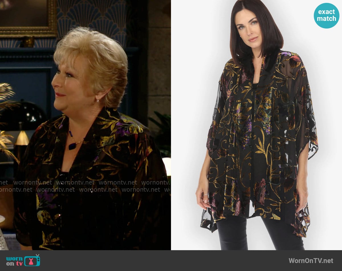 Citron Gold Leaf and Flower Velvet KImono Jacket worn by Traci Abbott (Beth Maitland) on The Young and the Restless