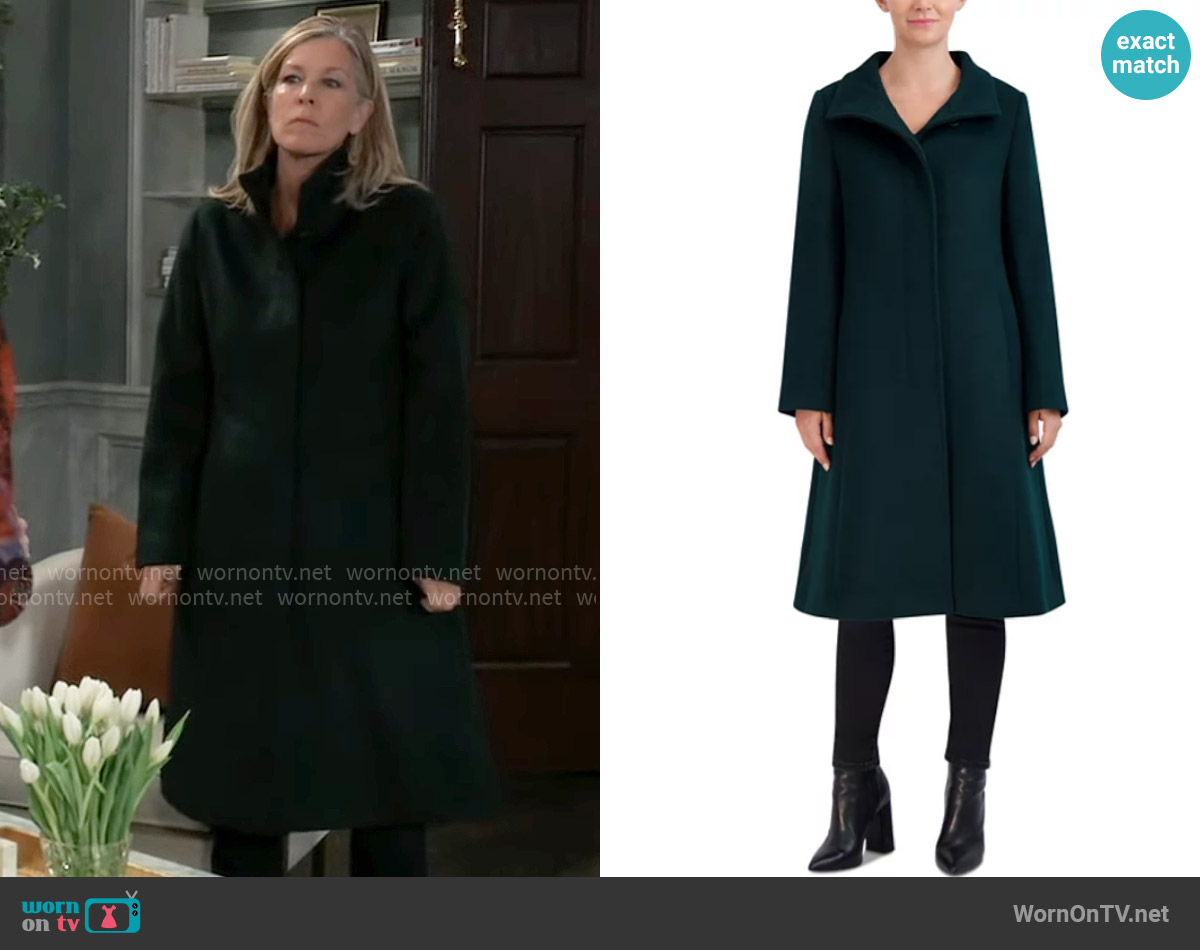 Cole Haan Stand-Collar Single-Breasted Wool Blend Coat in Forest worn by Carly Spencer (Laura Wright) on General Hospital