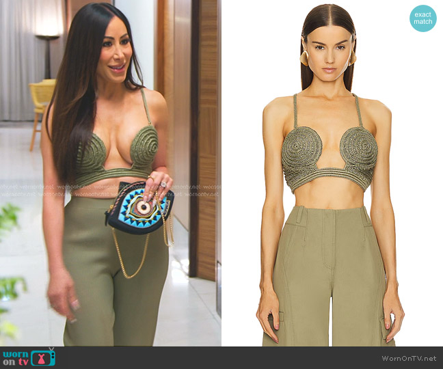 Cult Gaia Viviana Crochet Top in Tea worn by Angie Katsanevas on The Real Housewives of Salt Lake City