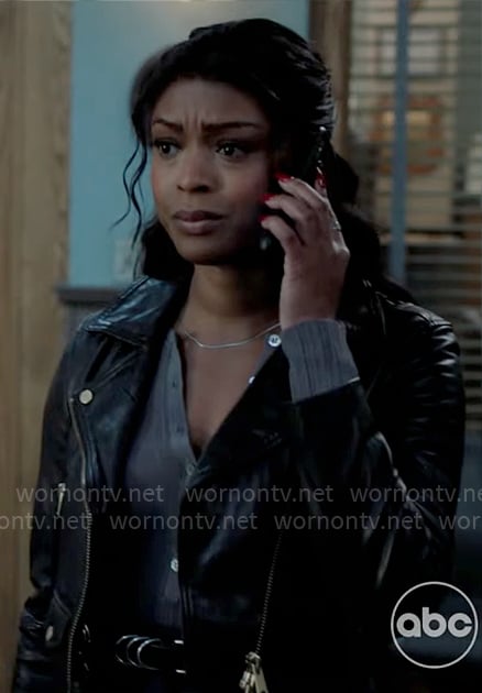 Daphne’s cropped leather moto jacket on High Potential