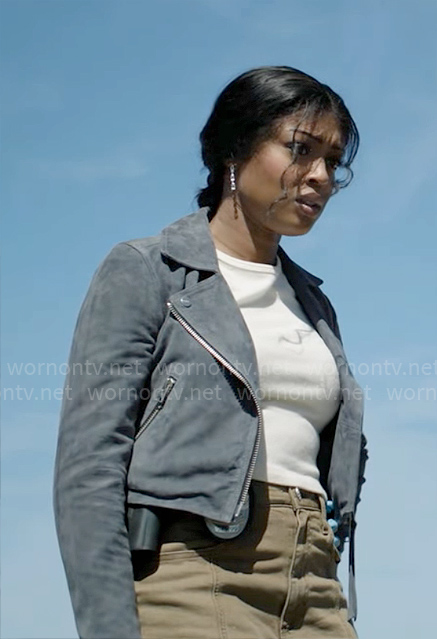 Daphne’s grey cropped suede jacket on High Potential