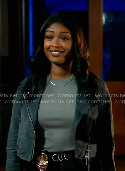Daphne’s grey cropped suede jacket on High Potential