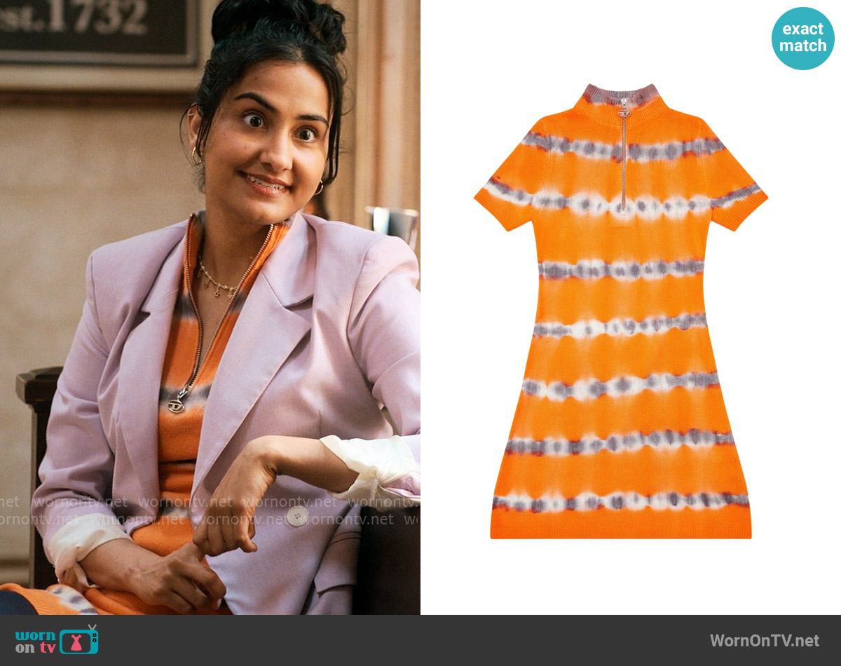 Diesel M-Zafora tie-dye half-zip wool minidress worn by Bela Malhotra (Amrit Kaur) on The Sex Lives of College Girls