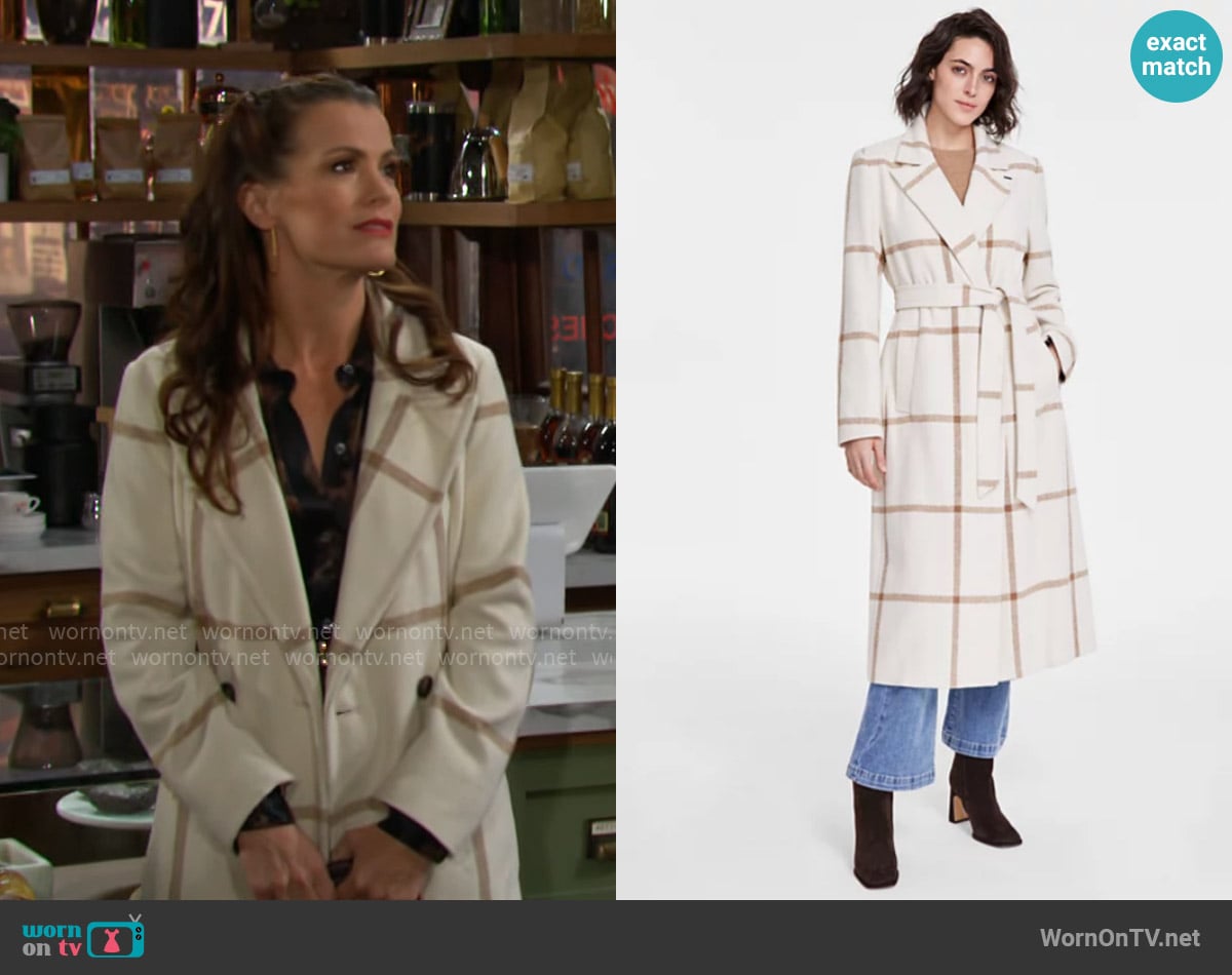 DKNY Notched-Collar Double-Breasted Wrap Coat in Cream Plaid worn by Chelsea Lawson (Melissa Claire Egan) on The Young and the Restless