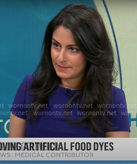Dr. Celine Gounder’s purple short sleeve dress on CBS Mornings