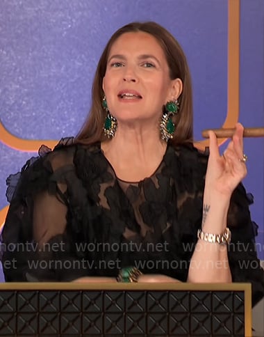 Drew Barrymore’s black sheer floral applique top on Hollywood Squares