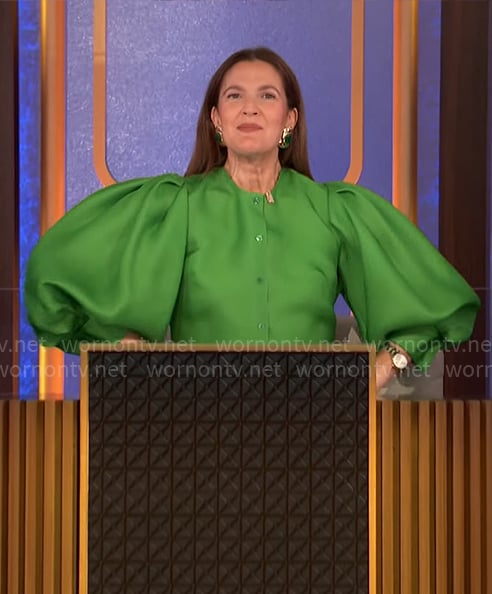 Drew Barrymore’s green balloon sleeve top on Hollywood Squares
