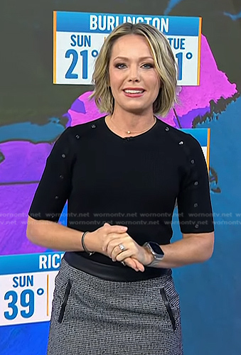 Dylan’s black button sleeve top and leather trim mini skirt on Today