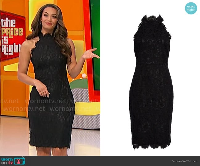 Eliza J Halter Mock Neck Lace Dress worn by Alexis Gaube on The Price is Right
