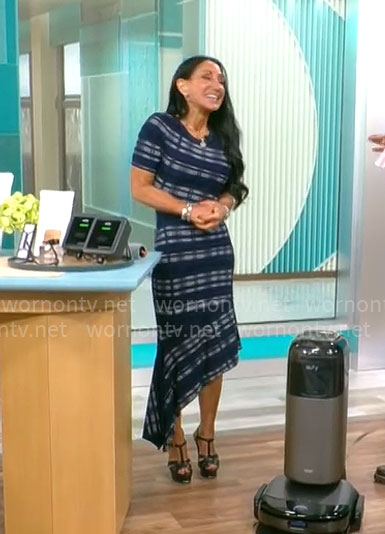 Elizabeth Werner’s blue checked asymmetric dress on CBS Mornings