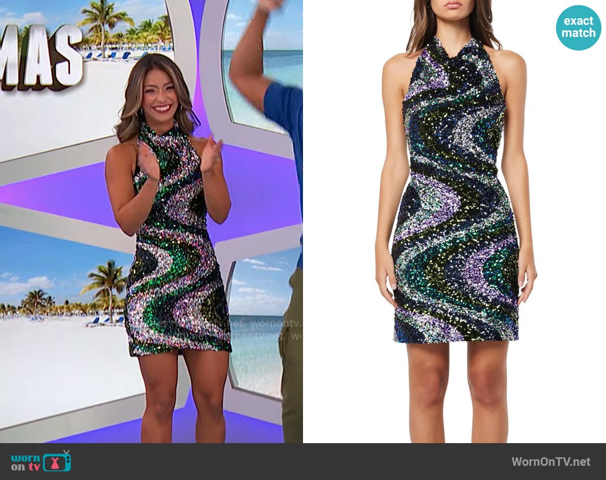 Elliatt Janice Sequin Halter Cocktail Minidress worn by Manuela Arbeláez on The Price is Right