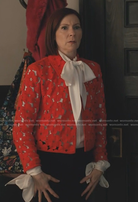 Elsbeth’s red floral crochet jacket on Elsbeth