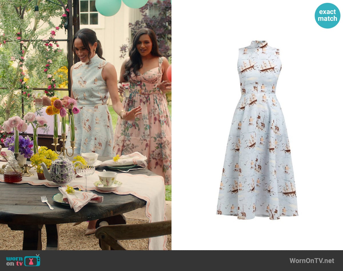 Emilia Wickstead Sheila Ship-print Midi Dress worn by Meghan Markle on With Love Meghan