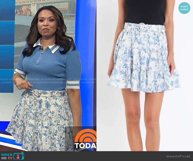 English Factory Digital Print Belted Tiered Mini Skirt worn by Adelle Caballero on Today