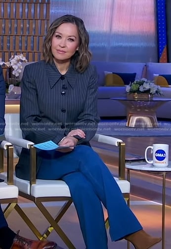 Eva’s grey pinstripe blazer and blue pants on Good Morning America