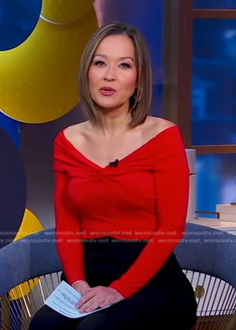 Eva’s red long sleeve off-shoulder top on Good Morning America