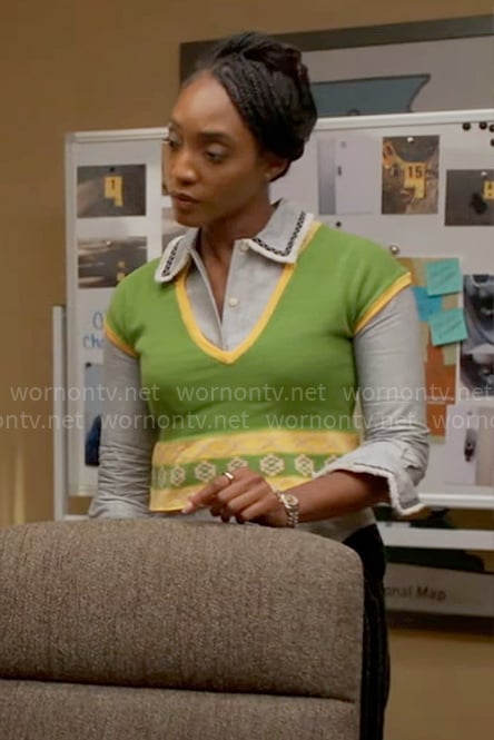 Faith’s embroidered shirt and green knit vest on Will Trent