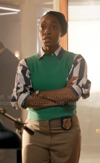Faith’s striped shirt and green sweater vest on Will Trent