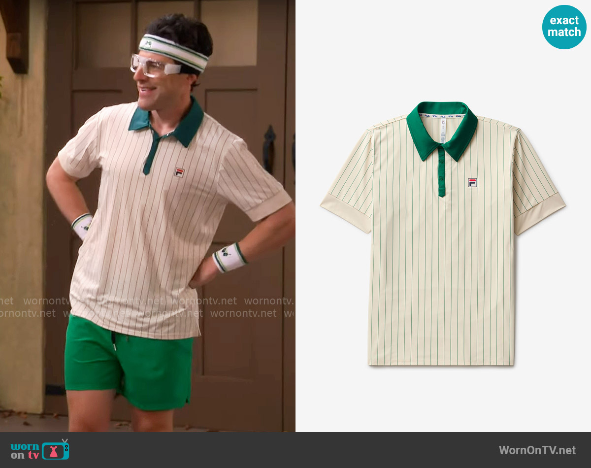 Fila Performance Iconic BB1 Polo in Angora/Green Jacket Pinstripe worn by Dave Johnson (Max Greenfield) on The Neighborhood