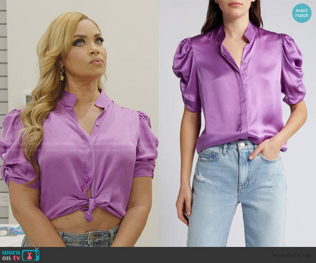Frame Puff Sleeve Silk Button-Up Shirt worn by Gizelle Bryant on The Real Housewives of Potomac