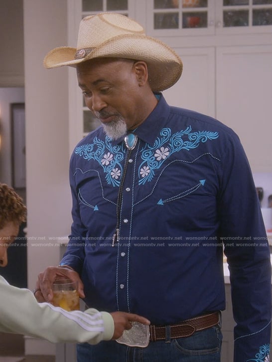 Frank’s blue western embroidered shirt on The Upshaws