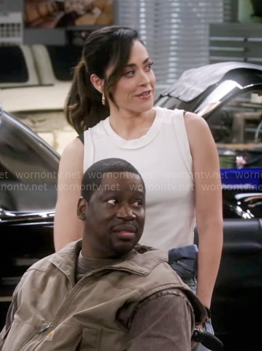 Frankie’s white tank top on Shifting Gears