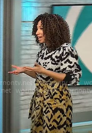 Gabrielle Kerr’s animal print sweater and skirt on CBS Mornings
