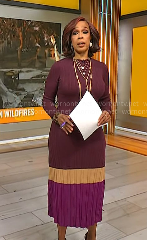 Gayle King’s burgundy colorblock knit dress on CBS Mornings