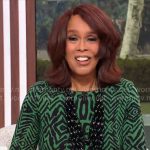 Gayle King’s green and black printed dress on CBS Mornings