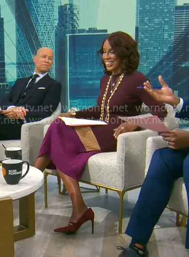 Gayle King’s burgundy colorblock knit dress on CBS Mornings