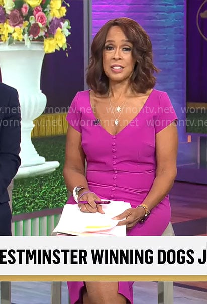 Gayle King’s pink buttoned v-neck dress on CBS Mornings