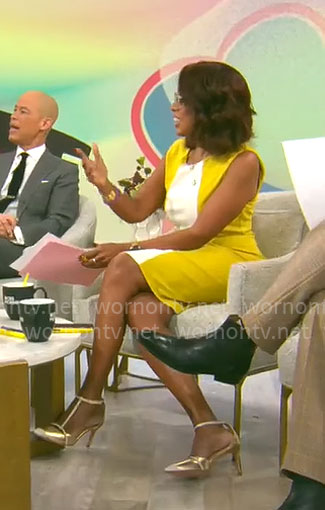 Gayle King’s yellow and white colorblock dress on CBS Mornings
