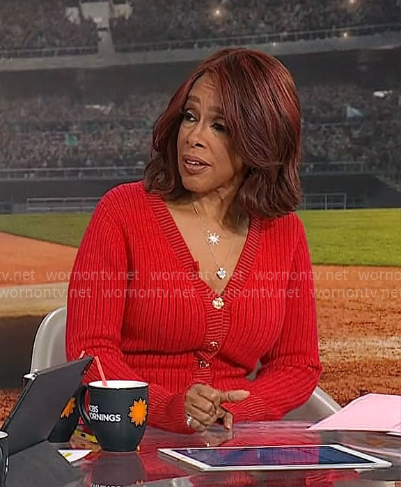 Gayle King’s red button front knit dress on CBS Mornings