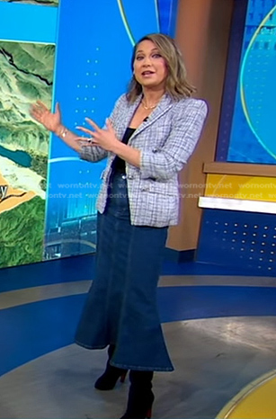 Ginger’s blue tweed blazer and denim skirt on Good Morning America