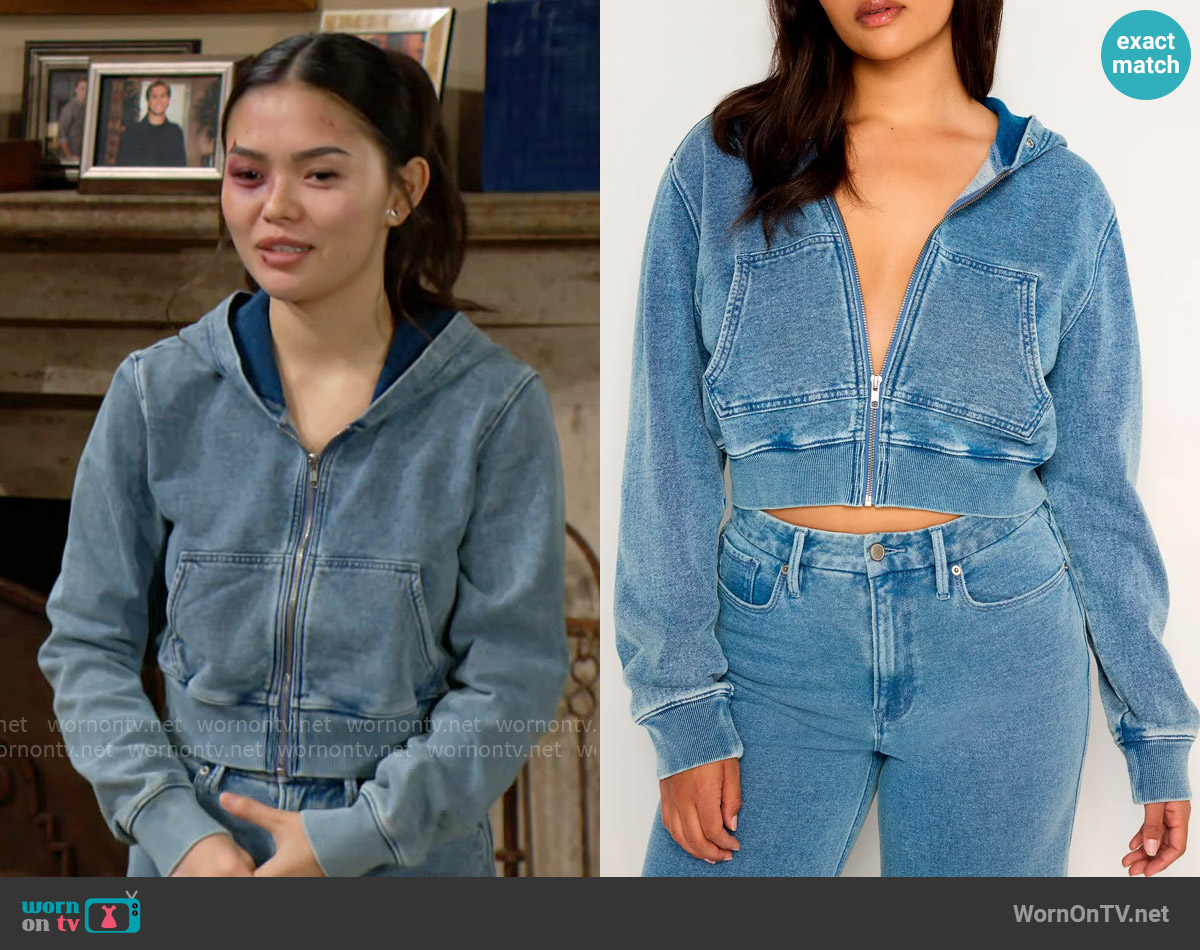 Good American Jeanius Crop Zip Hoodie in Indigo586 worn by Luna (Lisa Yamada) on The Bold and the Beautiful