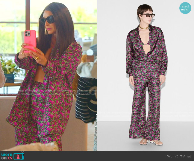 Gucci Floral Print Silk Shirt and Bra Set in Fuchsia and Green worn by Bronwyn Newport on The Real Housewives of Salt Lake City