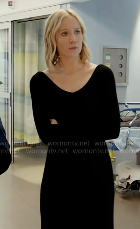 Hannah’s black v-neck midi dress on Chicago Fire