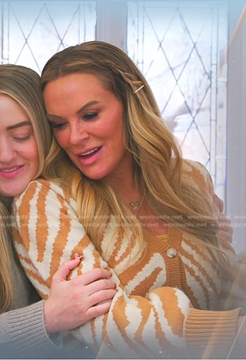 Heather’s beige zebra cardigan on The Real Housewives of Salt Lake City