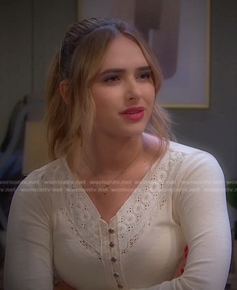 Holly’s white embroidered henley top on Days of our Lives