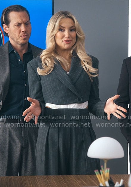 Isla’s grey pinstriped cropped blazer and pants set on Running Point