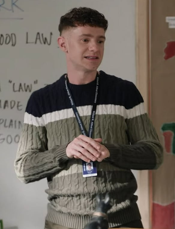 Jacob’s colorblock cable knit sweater on Abbott Elementary