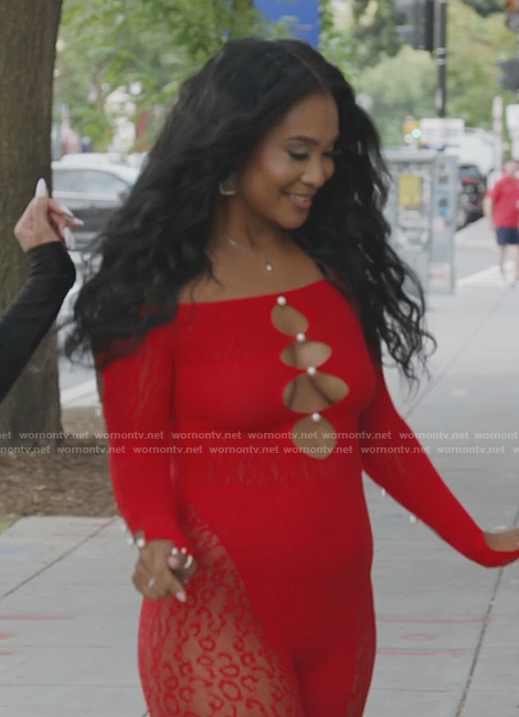 Jacqueline’s red lace cutout jumpsuit on The Real Housewives of Potomac