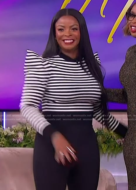 Janelle James’s stripe pointed shoulder top on The Jennifer Hudson Show