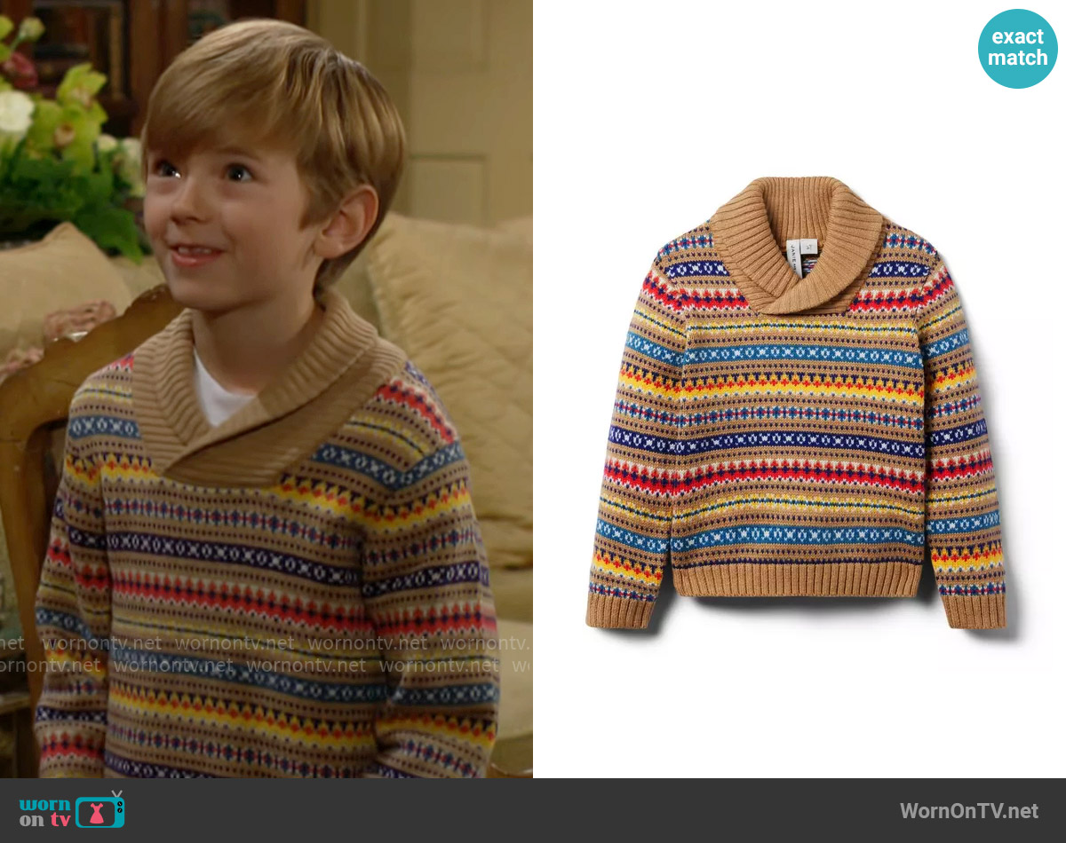 Janie & Jack Fair Isle Shawl Collar Sweater in Cinnamon Fair Isle worn by Harrison Abbott (Redding Munsell) on The Young and the Restless
