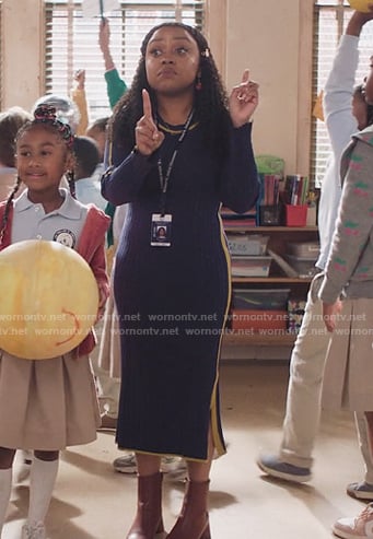 Janine’s blue ribbed side stripe dress on Abbott Elementary